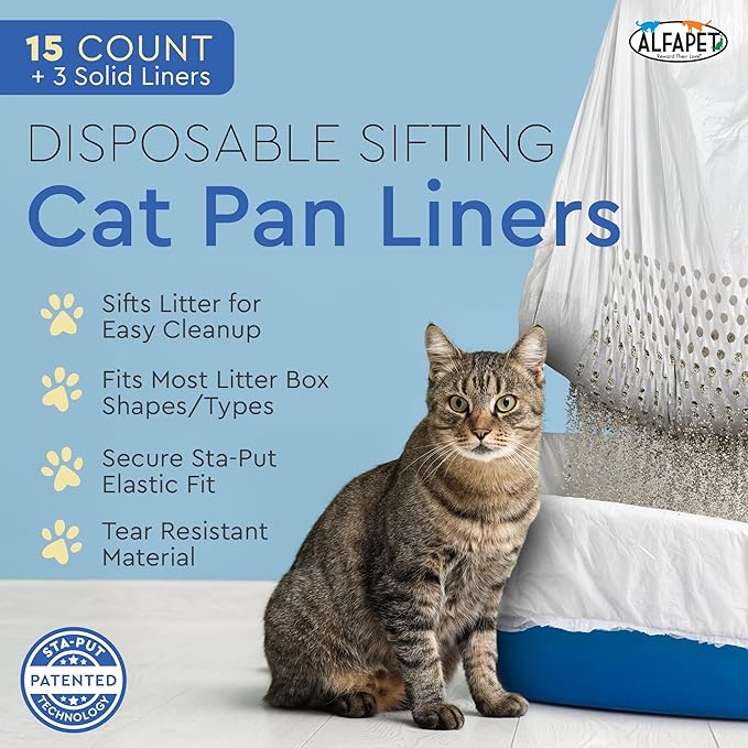 Alfapet Sifting Cat Litter Box Liners - Jumbo 15 Count, Pack of 5 - Tear-Resistant Cat Litter Bags, Waterproof Kitty Litter Liners, Fits Litterbox Pan Sizes X-Large, X-Giant, 37" x 18" 30 lb Capacity-PurrikoPets