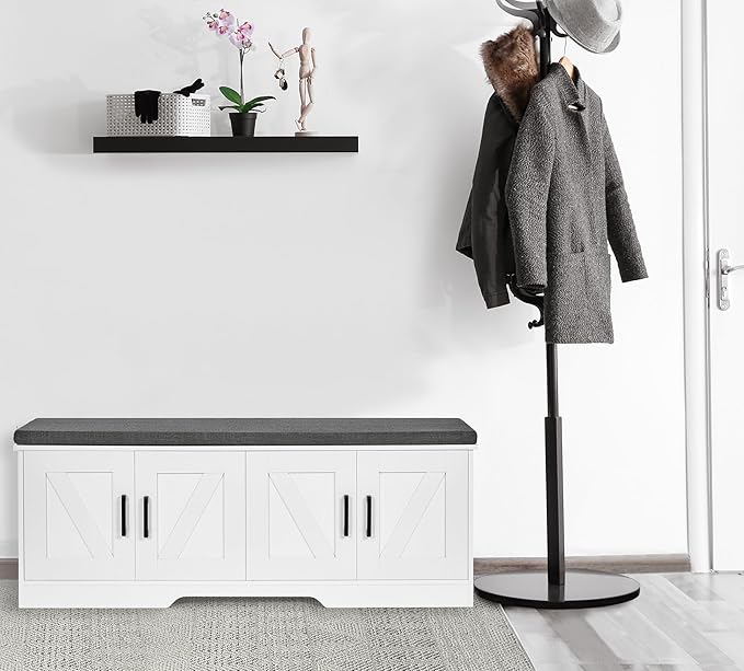 2-Tier Storage Bench, Shoe Bench with Padded Seat Cushion, Entryway Bench with 4 Barn Doors, Adjustable Shelf, 13.8" D x 47.2" W x 17.7" H, for Entryway, Living Room, Bedroom, White-PurrikoPets