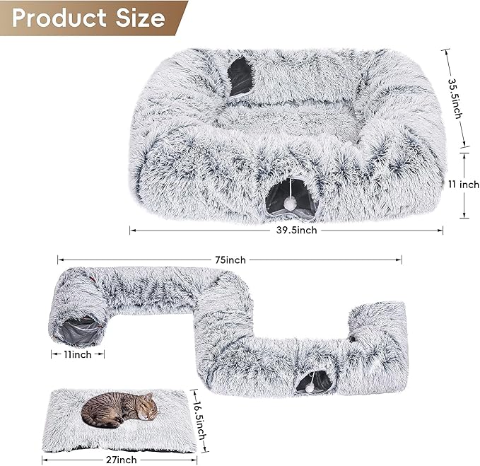 Extra Large Cat Tunnel Bed, 4 Ways Tunnels for Indoor Cats, Multi-cat Family Peekaboo Cave & Cat Bed, Plush Cat Donut with Washable Middle Mat, Exit Balls, Pet Play Toy for Kitten Puppy Rabbit-PurrikoPets