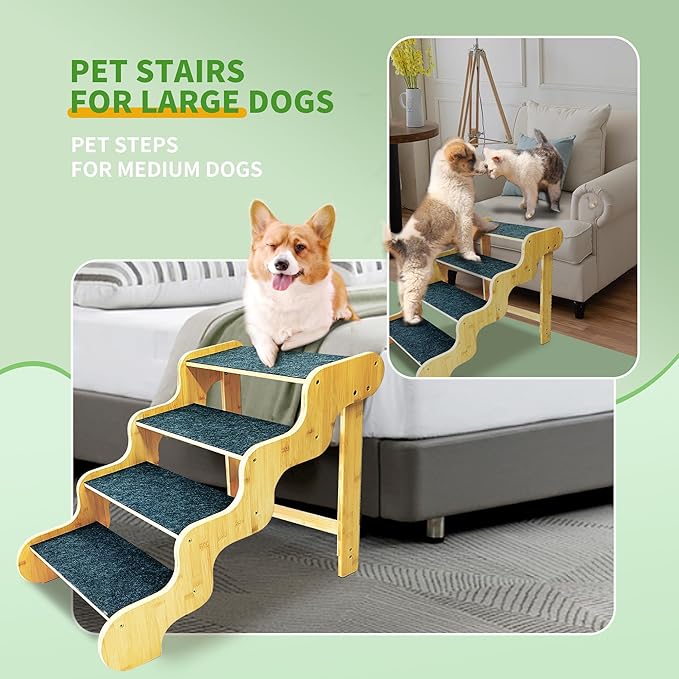 Dog Steps for Bed,24 Inches 5 Step Dog Stairs for Senior Pets to Get On 30 Inches High Beds/Car,Made of Bamboo Can Support Large Dogs Weighing Up to 160 LB-PurrikoPets