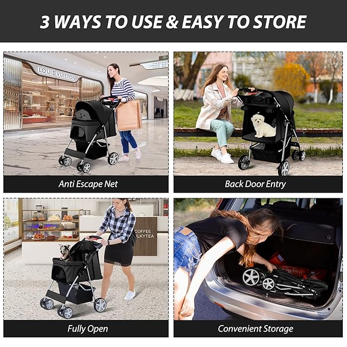 4 Wheels Pet Stroller for Small Medium Dogs Cats 10-33 lbs, Foldable Dog and Cat Stroller with Cup Holder & Storage Basket & Breathable Mesh, Pet Strolling Cart for All-Season, Black-PurrikoPets