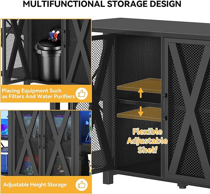 DWVO Reptile Tank Stand Aquarium Stand with Power Outlet & LED Light, 75/90/120 Gallon Terrarium Stand Cabinet - Heavy Duty Fish Tank Stand for Turtle Tank, Reptile Terrarium, 2000LBS Capacity, Black-PurrikoPets
