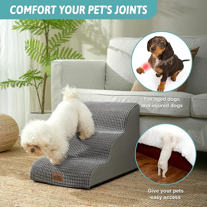 Dog Stairs for Small Dogs 15.7" H, Curved Dog Step for Puppy, Older Cat, Medium Pet Ramp for Sofa, Couch or Chair, Ladder with High Density Foam, 15.7x22.4x15.7 inch, 3 Step, Light Grey-PurrikoPets