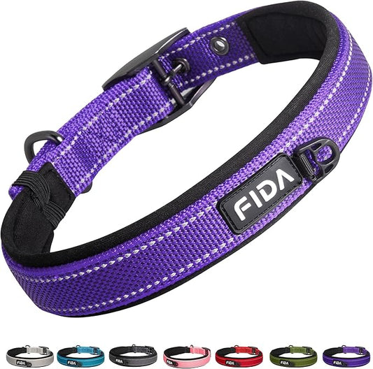 Fida Heavy Duty Dog Collar, Ultra Comfortable Soft Neoprene Padded, Adjustable Reflective Nylon Pet Collar with Durable Metal Belt Buckle for Medium Breeds (M, Purple)-PurrikoPets