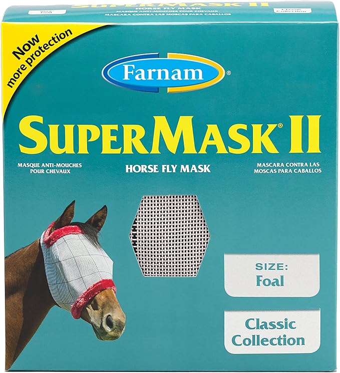 Farnam SuperMask II Fly Mask Without Ears for Foals, Full Face Coverage and Eye Protection from Insect Pests, Structured Classic Styling Mesh with Plush Trim, Foal Size-PurrikoPets