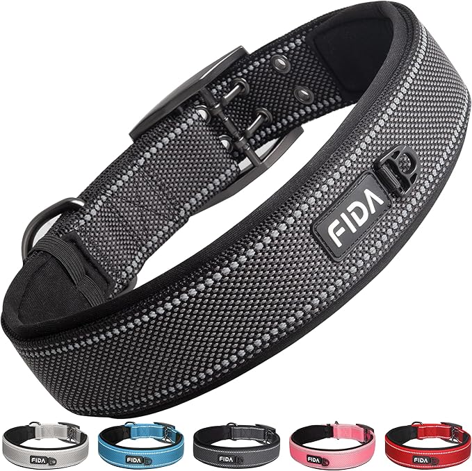 Fida Heavy Duty Dog Collar 1.5” Width, Ultra Soft Neoprene Padded, Adjustable Reflective Nylon Pet Collar with Two Metal Pin Belt Buckle for Large/X-Large Breeds (XL, Black)-PurrikoPets
