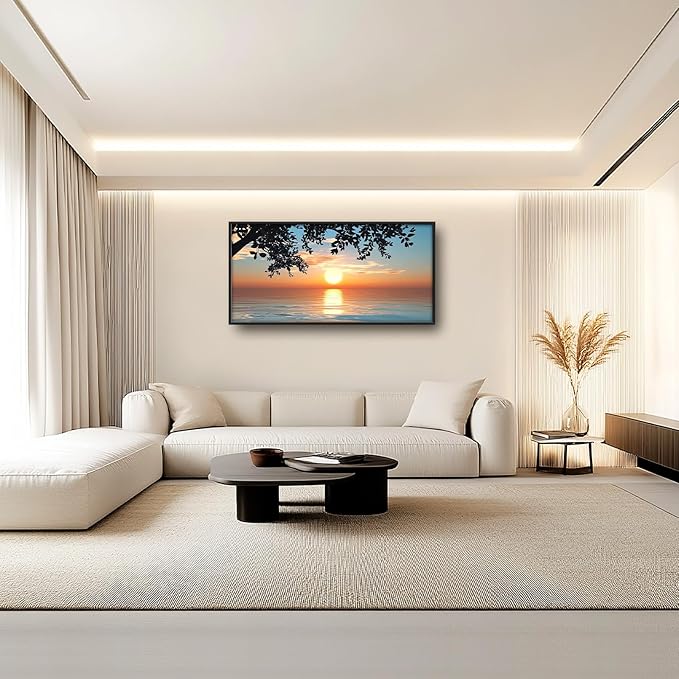 Framed Large Lake Sunset Wall Art, Oversized Natural Landscape Wall Decor for Living Room, Tree Leaves Canvas Painting Pictures Home Decoration for Living Room Bedroom Office 60"x30"-PurrikoPets