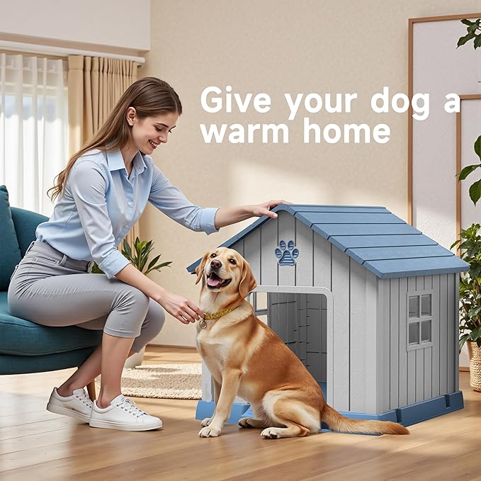 DRATO Dog House Indoor Outdoor for Small to Large Sized Dogs Indoor Outdoor Doghouse Puppy Shelter with Elevated Floor, Easy to Assemble (Blue, 38Inch(37.8 * 40.87 * 38.82))-PurrikoPets