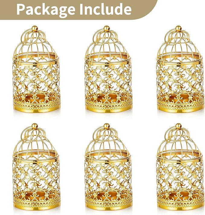 6 Pcs Small Metal Tealight Hanging Birdcage Lantern, Vintage Decorative Centerpieces of Wedding, Party, Gold-PurrikoPets