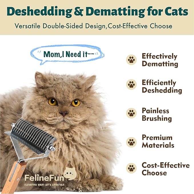 FelineFun Cat Brush for Dematting & Deshedding, 2 in 1 Undercoat Rake, Efficiently Remove Loose Hair & Matted Fur, Professional Shedding Comb for Indoor Cats & Long Haired Cats-PurrikoPets