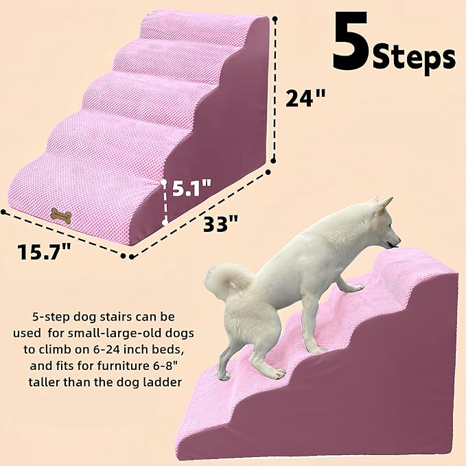 Dog Stairs & Pet Ramp for Small/Large Dogs to High Beds/Couches - 5 Steps 24-inch Height for 18-30 inch Furniture, 2 Washable Covers (Pink, Grey), Non-Slip Balanced 33D Design for Old Dogs & Cats-PurrikoPets