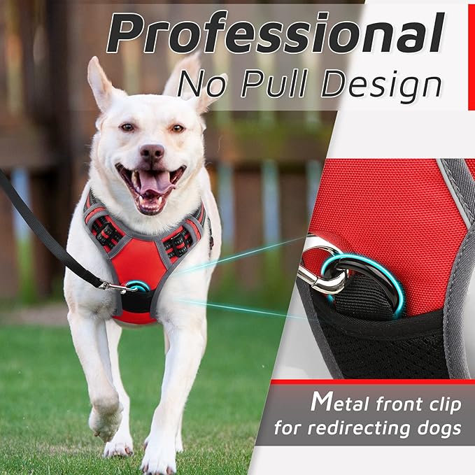 Eagloo Dog Harness for Large Dogs, No Pull Service Vest with Reflective Strips and Control Handle, Adjustable and Comfortable for Easy Walking, No Choke Pet Harness with 2 Metal Rings, Red, L-PurrikoPets