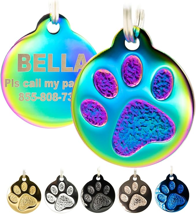 Engraved Pet Tag for Dogs and Cats - Personalized Front & Back up to 4 Lines of Text Custom Engraved ID, Round Paw Print Solid Plating Stainless Steel Nebula Regular-PurrikoPets
