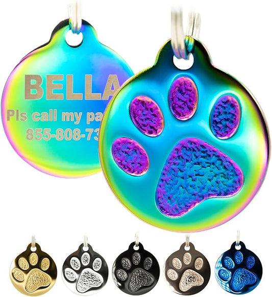 Engraved Pet Tag for Dogs and Cats - Personalized Front & Back up to 4 Lines of Text Custom Engraved ID, Round Paw Print Solid Plating Stainless Steel Nebula Small-PurrikoPets