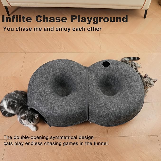 8-Shaped Large Cat Tunnel Bed for Indoor Cats, Infinite Circulation Peekaboo Cat Cave with 12 Toy Balls, Cat Donut Tunnel for Cats up to 30 Pounds (Dark Grey, L 38x24x11in)-PurrikoPets