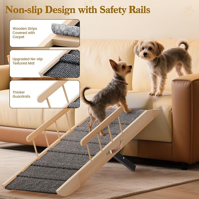 Dog Ramp for Bed Couch, Pet Ramp for Small Medium Old Dogs Cats with 10 Adjustable Heights from 5.91" to 19.69", 47" Long Portable Non-Slip Dog Bed Ramp for High Bed, Couch, Hold up to 200 LBS-PurrikoPets