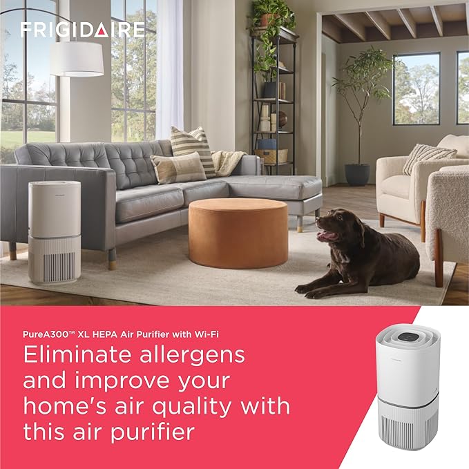 Frigidaire PureA300 XL HEPA Air Purifier with Wi-Fi for Large Rooms, Covers up to 1,685 Sq. Ft., 3-Stage Filtration, Energy Star Certification, Air Quality Monitoring, Smart Mode, Ultra Quiet, White-PurrikoPets