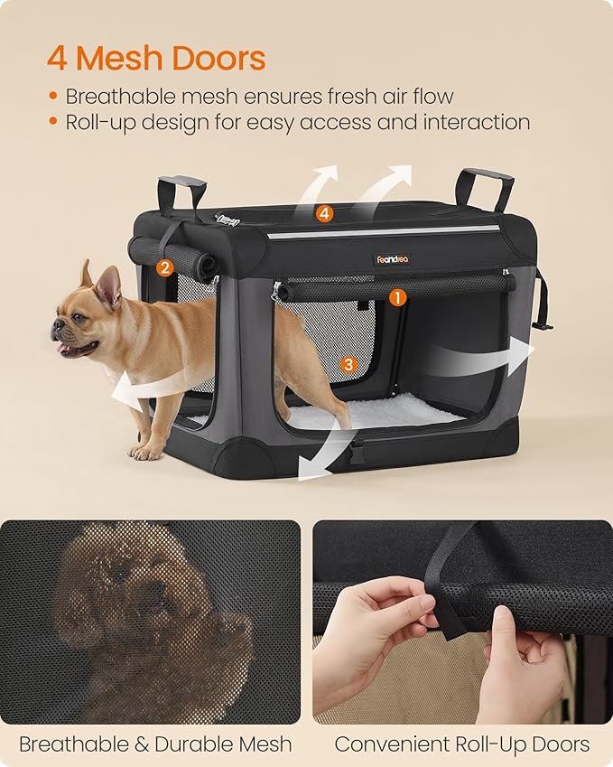 Feandrea Collapsible Dog Crate, 24-Inch Portable Dog Travel Crate for Small Dogs, Oxford Fabric Pet Carrier with 4 Mesh Doors, Handles, Storage Pocket, Water Bottle Holder, Ink Black UPDC016B01-PurrikoPets