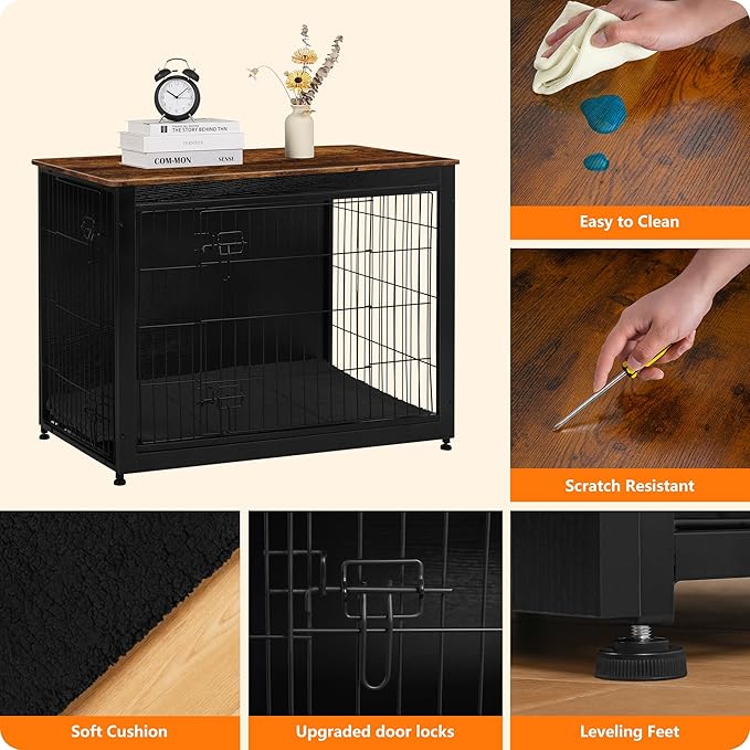 DWANTON Dog Crate Furniture with Cushion, Wooden Kennel Table with Double Doors, Indoor Dog House, Extra Large Size, 43.3" L, Black+Rustic Brown-PurrikoPets