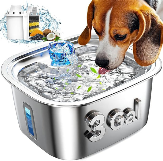 Dog Water Fountain for Large Dogs Stainless Steel, 3Gal Extra Large Dog Water Bowl Dispenser with 2 Filters & Visual Window, Automatic Filtered Pet Fountain Indoor, Quiet Safe Pump with LED Indicator-PurrikoPets