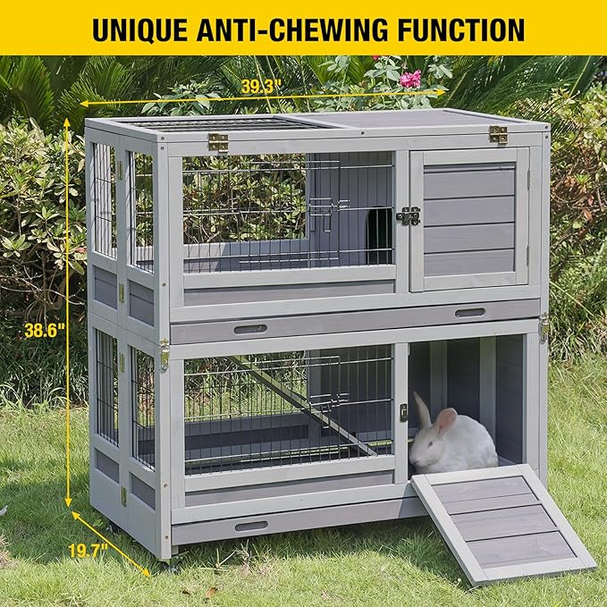 Aivituvin Large Rabbit Hutch Indoor and Outdoor Folding Bunny Cage on Wheels Guinea Pig Cage with Deep No Leak Pull Out Tray,Upgrade Version (Light Gray)-PurrikoPets
