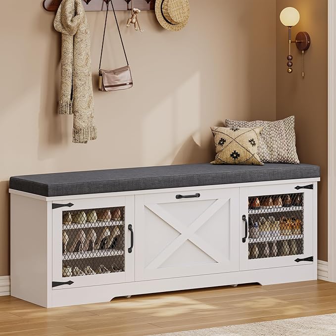 Farmhouse Storage Bench with Flip Drawers & Padded Seat Cushion, Half Hidden Shoe Rack Organizer, Adjustable Shelf Shoe Cabinet for Large Family, Entryway, Bedroom, Living Room (White)-PurrikoPets