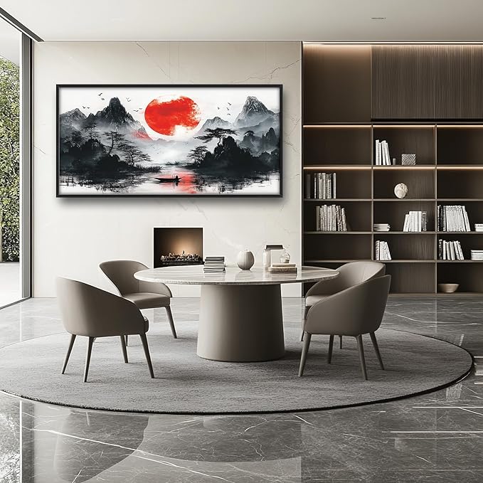 Framed Large Japanese Mountain Wall Art for Living Room, Oversized Asian Red Sun Lake Landscape Wall Decor Nature Canvas Painting Home Decoration for Living Room Bedroom Office 60"x30"-PurrikoPets