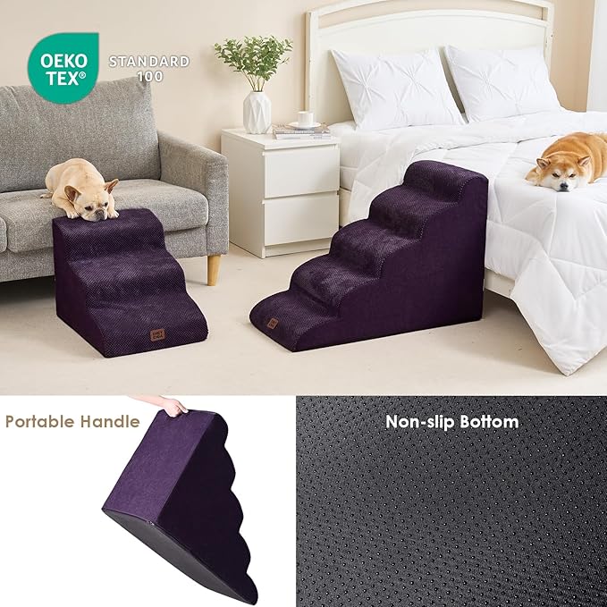 EHEYCIGA Curved Dog Stairs Ramp for Small Dogs 15.7" H, 3-Step Dog Steps for Couch Sofa and Chair, Pet Stairs for Cats, Non-Slip Balanced Pet Steps Indoor, Purple-PurrikoPets