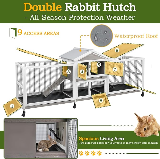 Double Rabbit Hutch Outdoor Indoor Large Bunny Cage with Dual Side Runs, 2-Story Wooden Hutch with 4 Leak Proof Trays, 8 Wheels, Waterproof Roof, Ramp, for Small to Medium Animals-PurrikoPets