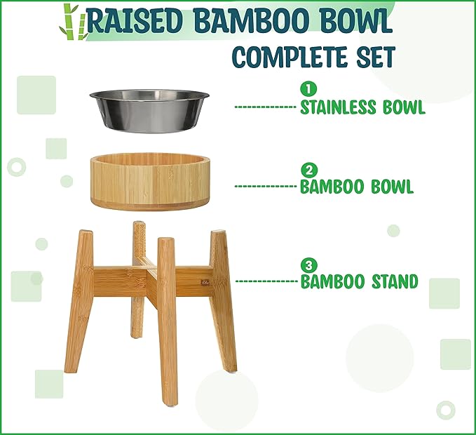 Elevated Dog Bowls for Large Breed - (15-Inch Tall, 74-oz Cap), Deter Ants and Bugs - Raised Single Feeder, Suitable for Dry and Wet Pet Foods - Bamboo with Stainless Steel Dish-PurrikoPets