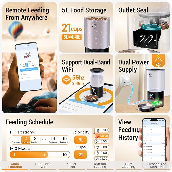 5L Automatic Cat Feeder with Sealed Outlet: 5G WiFi Automatic Dog Feeder with APP Control, Auto Cat Food Dispenser with Voice Recording for Pets, Detachable for Easy Clean - 21 Cup-PurrikoPets