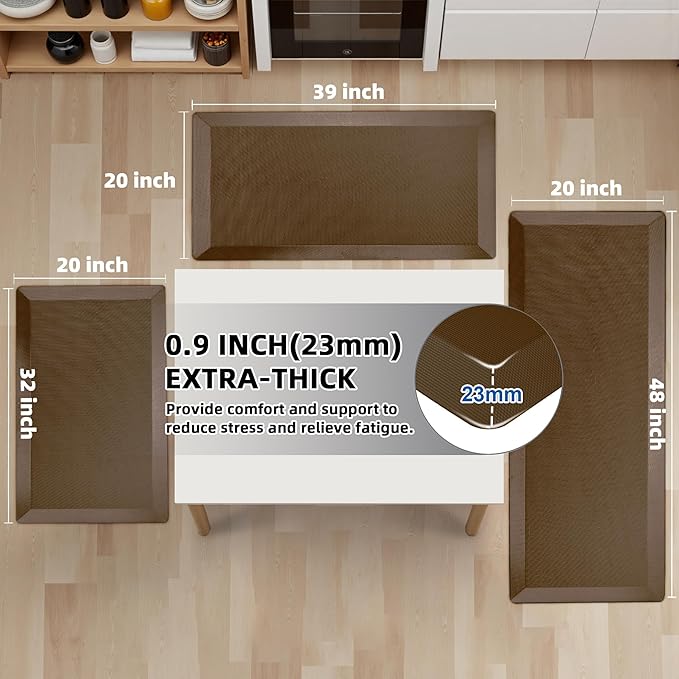2 PCS Anti Fatigue Kitchen Mats for Floor, Brown 9/10 Extra Thick Cushioned Standing Desk Mat, Comfort Memory Foam Ergonomic Rugs and Mats Non-Slip Waterproof for Office, Kitchen, 20"x32"+20"x48"-PurrikoPets