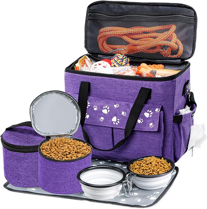 Dog Travel Bag, Airline Approved Dogs Bags for Traveling, 2 Dog 's Food Travel Container and Collapsible Bowls, Weekend Pet Travel Bags (X-Large)-PurrikoPets