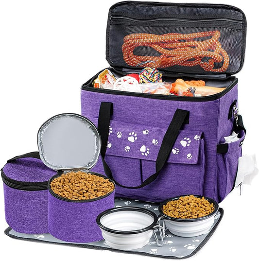 Dog Travel Bag, Airline Approved Dogs Bags for Traveling, 2 Dog 's Food Travel Container and Collapsible Bowls, Weekend Pet Travel Bags (X-Large)-PurrikoPets