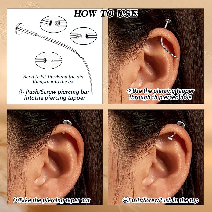 Piercing Taper Ball Grabber Tool for Changing Jewelry - 14G 16G 18G 20G Stainless Steel Flat Back Earrings Applicator Tool Threadless Insertion Pin Thread Body Piercing Kit for Ear Nose Lip