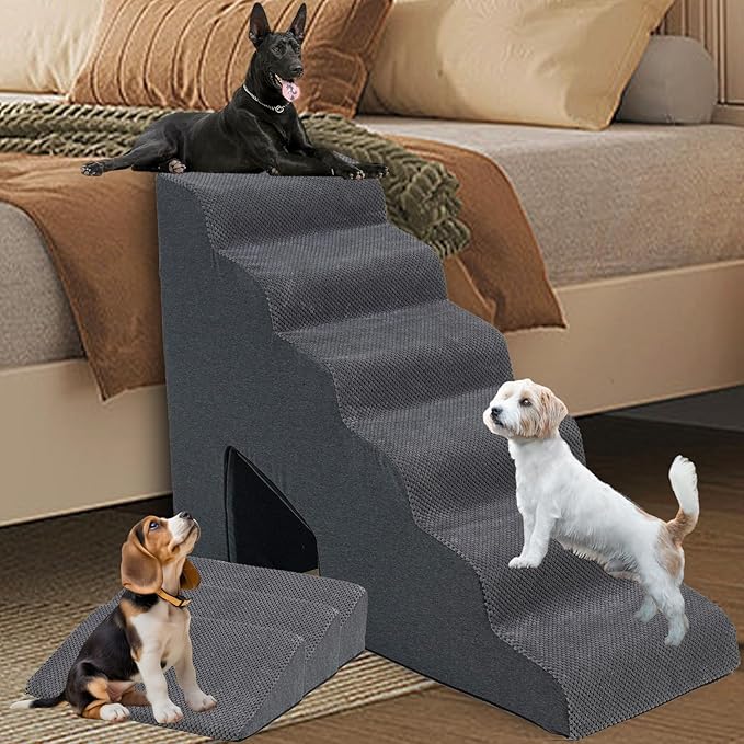 Dog Stairs & Steps Ramps for High Beds 30 inches High Tall, LitaiL 6 Step Pet Stairs Steps for Small Large Dogs, Non-Slip Dog Ramps with 3 Pack Ramps for Staircase-PurrikoPets