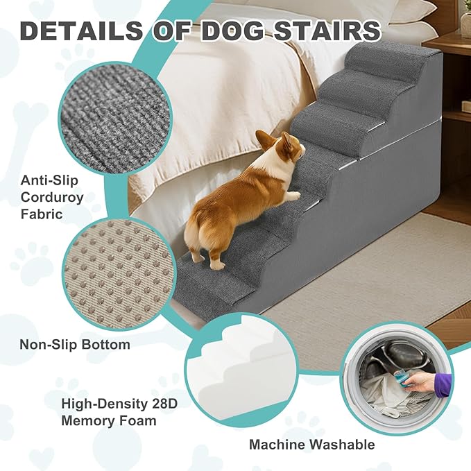 6-Step Dog Stairs for High Bed - 25.5" Adjustable Dog Ramps for Couch, Non-Slip Sturdy Pet Steps for Small Dogs, Washable Cover, Removable Modular Design, Dual 11” & 14.5” Steps for Custom Height-PurrikoPets