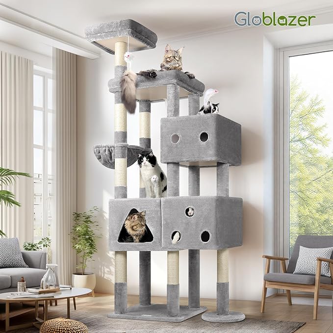 Globlazer Extra Large Cat Tower, 81-inch Tall Cat Tree for Big Cats 20 lbs, XXL Heavy Duty Cat Scratching Tower for Indoor Adult Cats with 3 Cat Condos, 8 Scratching Posts, F81, Light Grey-PurrikoPets
