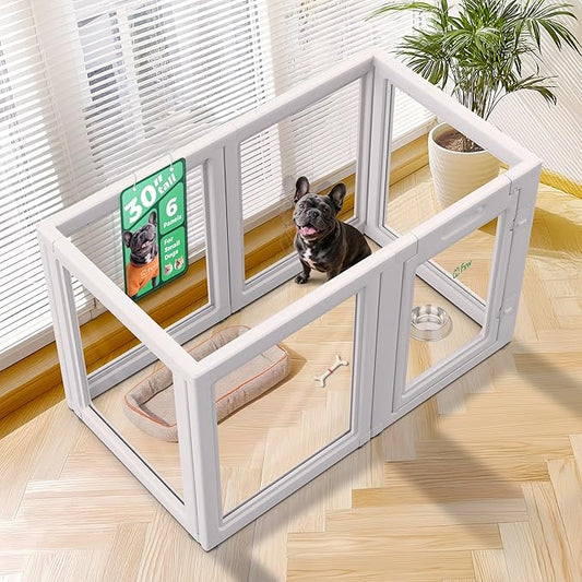 FXW AuraSpace Acrylic Indoor Unleashed Dog Playpen for Small and Medium Dogs, 30 Inch, 6 Panels, White-PurrikoPets
