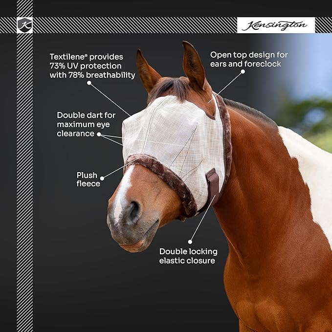 Kensington Fly Mask with Fleece Trim for Horses — Protects Face and Eyes from Flies and Sun Rays While Allowing Full Visibility — Breathable and Non Heat Transferring, Large, Atlantis-PurrikoPets