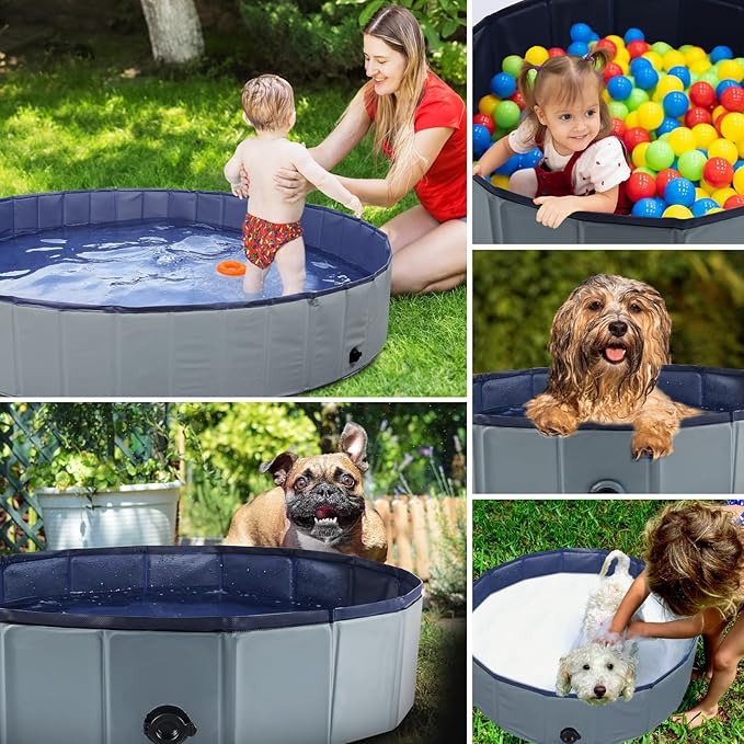 Foldable Dog Bath Swimming Pool Plastic Kiddie Pool Professional Tub Collapsible Grooming Bathtub for Pets Kids Baby and Toddler, 32 x 8 Inches Gray-PurrikoPets