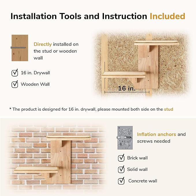 FUKUMARU Cat Wall Shelves, 2 Platform Kitten Wall Furniture, Tree Shape Wall-Mounted Floating Shelf with Sisal Mat, Solid Rubber Wood Cats Perch for 16 Inch Drywall, Suitable for Climb, Play, Nap-PurrikoPets