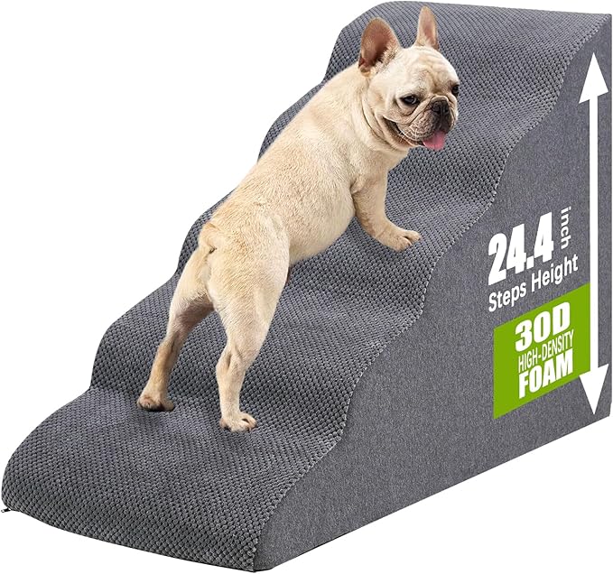 Dog Stairs&Steps for High Beds Up to 28'', 5-Step Dog Ramp for Small Medium Dogs with Washable Cover, Non-Slip Steps for Cats to Get on Couch and Sofa, Durable Foam Ladders, 24.4" Tall, Grey-PurrikoPets