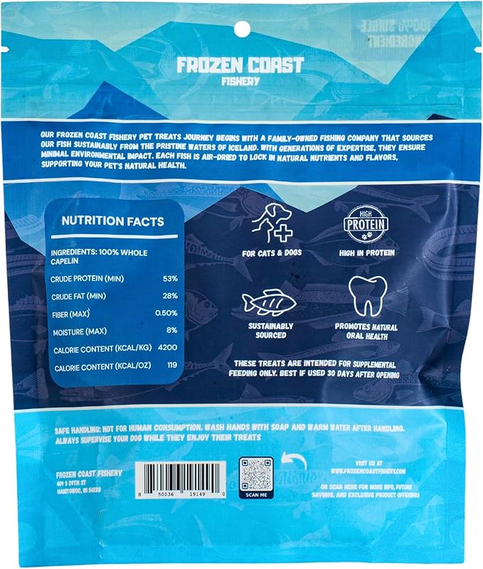 Frozen Coast Capelin Cat & Dog Treats- Single-Ingredient, All-Natural, High-Protein, Omega-3s, Fish Snacks (3 oz Bag)-PurrikoPets