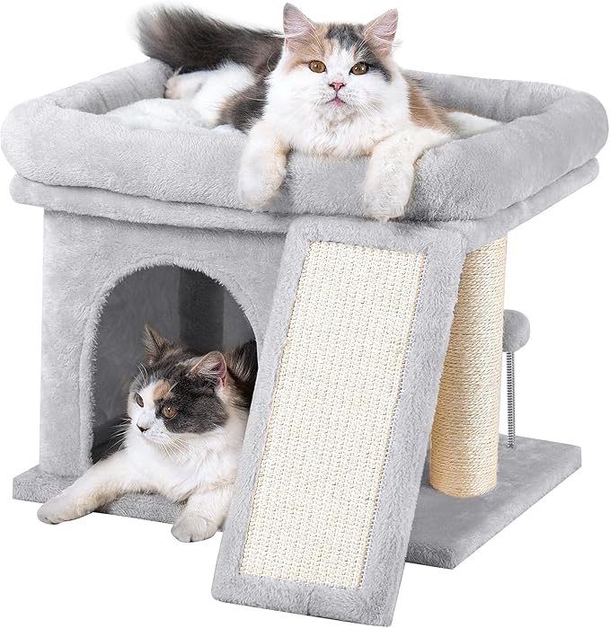 14in Cat Tree Tower with 20 * 16.5in Perch Bed and Washable Top for Large Adult Cats, Condo and Scratching Post for Indoor Kitten Pet, Light Gray-PurrikoPets