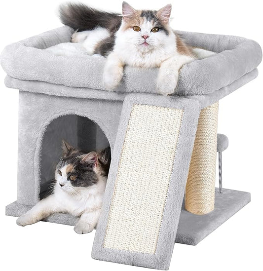 14in Cat Tree Tower with 20 * 16.5in Perch Bed and Washable Top for Large Adult Cats, Condo and Scratching Post for Indoor Kitten Pet, Light Gray-PurrikoPets