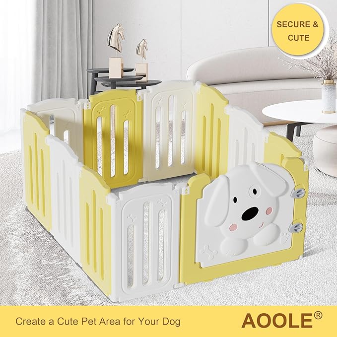 Foldable Dog Play Pen Indoors, Non-Slip Sturdy Puppy Playpen with Door, 25.5" H 10-Panel Adjustable Shape Dog Fence Pen for Small/Medium Dogs, Thickened, Easy to Store, White+Yellow-PurrikoPets