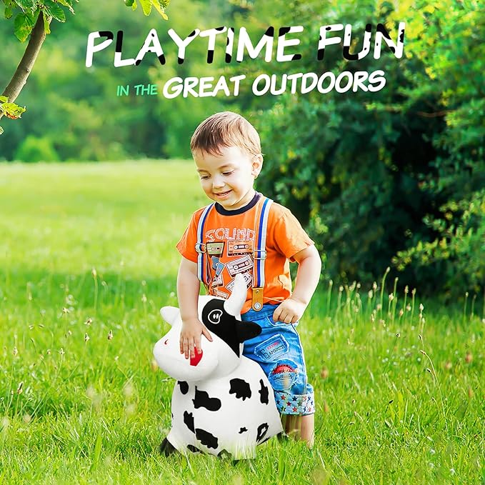 EVERICH TOY Bouncy Horse Cow Toys, Inflatable Bouncing Animal Hopping Toys, Outdoor Indoor Ride on Bouncer, Boys Girls Birthday Gift for 18 Month 2 3 4 5 6 Year Old Kid- Plush Cow Toy-PurrikoPets