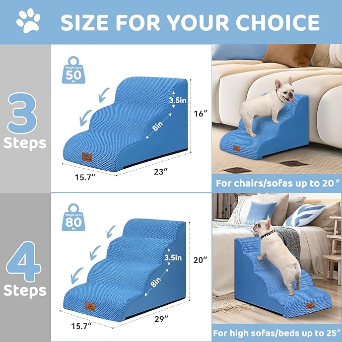 Dog Ramp and Stair for Bed 16" H-20 H,3-Step Cat Stair for Sofa and Chair,4-Step Dog Ramp for High Bed and Window,Durable Nonslip Fabric Cover for Indoor (Blue-16“H, Pet Friendly, 3)-PurrikoPets