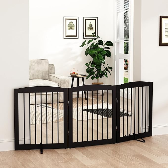 Freestanding Pet Gate for Dogs, Foldable Wooden Dog Gate for House, Indoor Dog Gate for Doorways, Stairs, Gates for Dogs Indoor, Support Feet Included, 24" Height 3 Panels, Brown-PurrikoPets